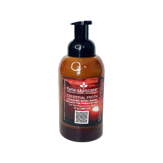 Celestial Froth Luxurious Foaming Body Wash in Amber Bottle with Sunset Glow on Red Skin Background