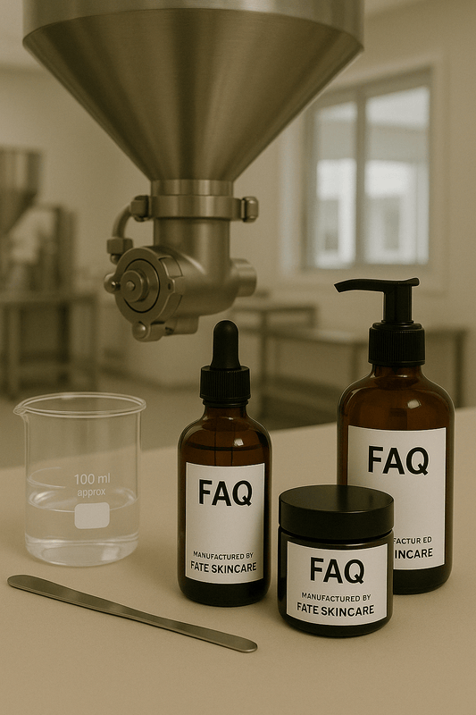 Skincare setup at Fate Skincare’s studio warehouse in Crowley, TX. Three amber glass containers labeled "FAQ – Manufactured by Fate Skincare" sit beside a beaker and spatula beneath a stainless steel filling machine.