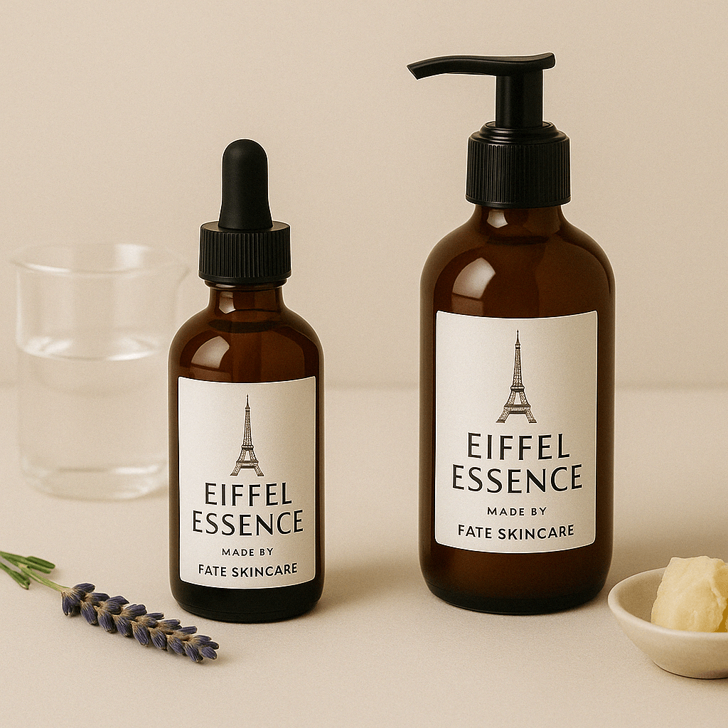 Two Eiffel Essence skincare products—an amber dropper bottle and a pump bottle—labeled “Made by Fate Skincare,” displayed with lavender, shea butter, and glassware on a neutral background.