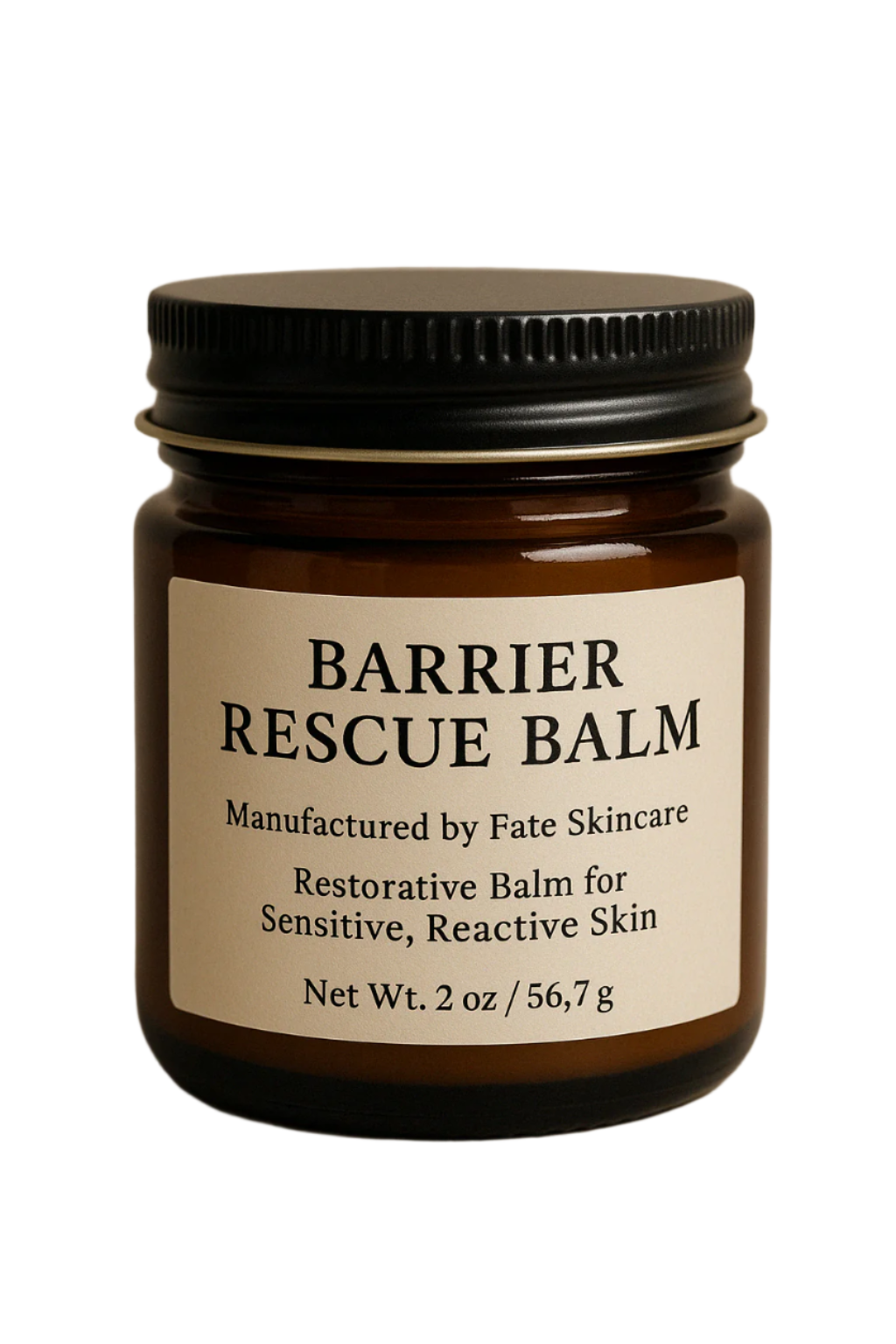 Amber glass jar labeled "Barrier Rescue Balm" by Fate Skincare, featuring a black metal lid and a minimalist cream label with product details.