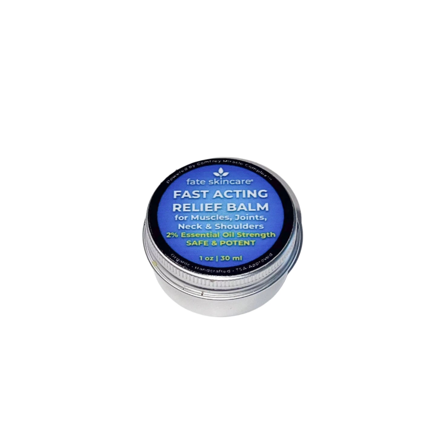 1 oz tin of Fate Skincare’s Fast Acting Relief Balm, designed for muscle and joint relief. Comfrey-powered, TSA-approved, safe 2% essential oil formula in silver travel-size container.