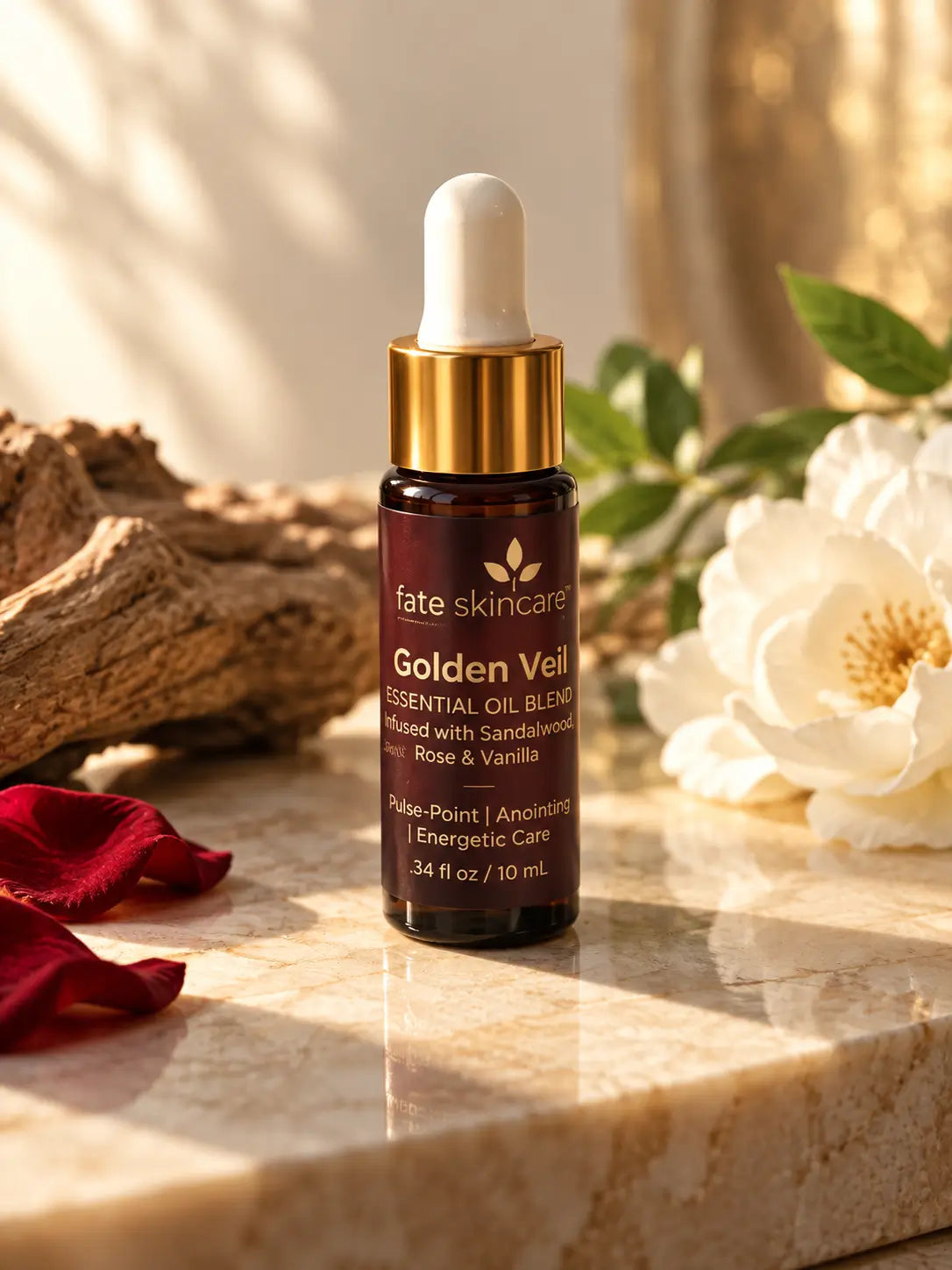 Fate Skincare™ Golden Veil essential oil blend in an amber glass dropper bottle with gold detailing, displayed with sandalwood, florals, and botanicals.