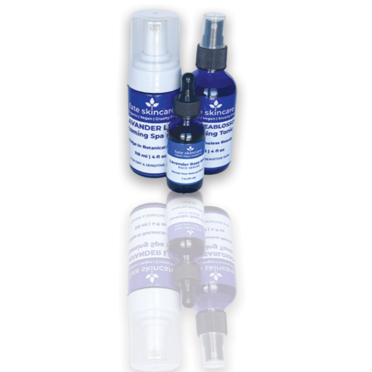 3-Piece Skincare Bundle by Fate Skincare in cobalt blue bottles, including foaming cleanser, hydrating toner, and serum for a complete facial ritual.