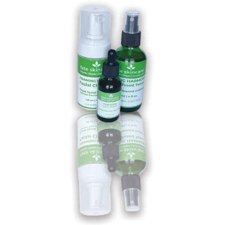 Fate Skincare 3-Piece Bundle for Normal to Oily Skin, including foaming cleanser, botanical toner, and hydrating serum, designed as a 60-day targeted facial care system.