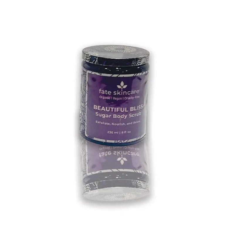 Beautiful Bliss Sugar Body Scrub™ in an 8 oz jar by Fate Skincare, crafted to exfoliate, nourish, and relax skin for a smooth radiant glow.