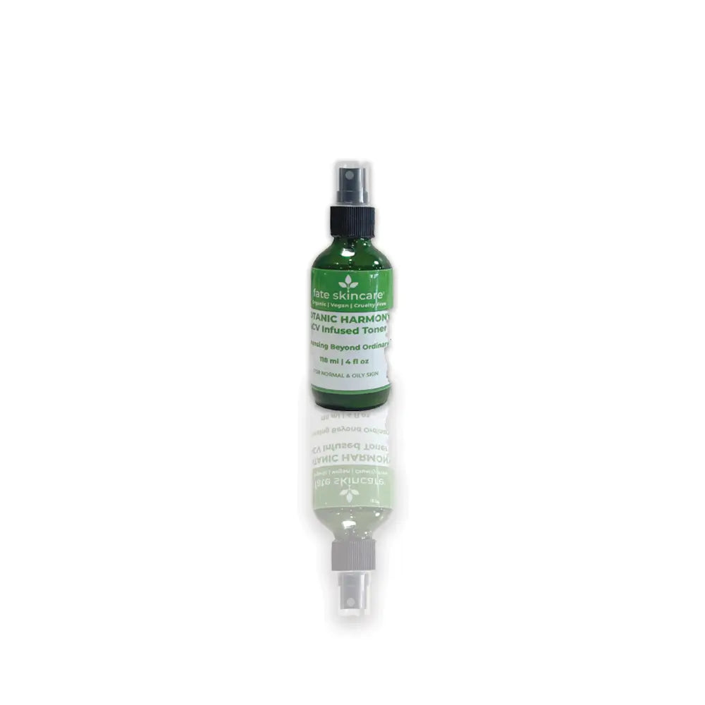 Botanic Harmony™ ACV Infused Toner by Fate Skincare in a 4 oz green glass spray bottle, crafted to balance, refresh, and clarify normal to oily skin.