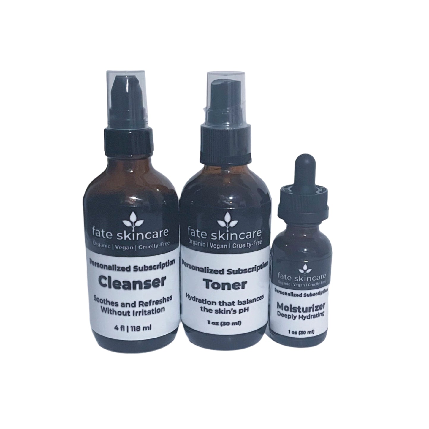 Fate Skincare’s personalized 3-piece skincare subscription with custom cleanser, toner, and hydrating moisturizer from the flagship Custom Ritual line.