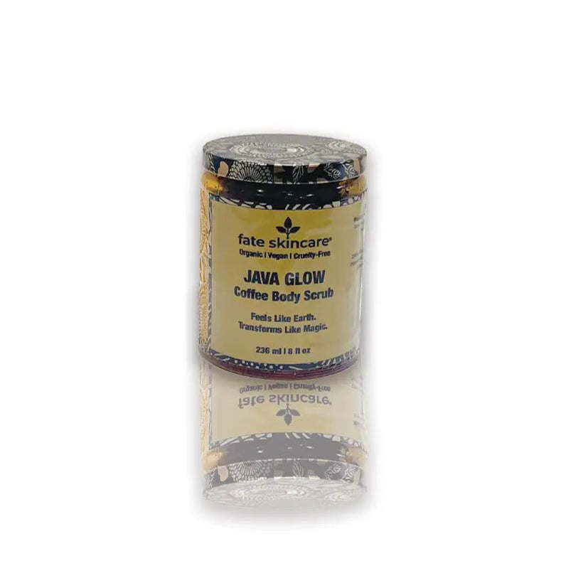 Java Glow Coffee Body Scrub™ in an 8 oz jar by Fate Skincare, formulated with organic coffee grounds to exfoliate, energize, and brighten skin.