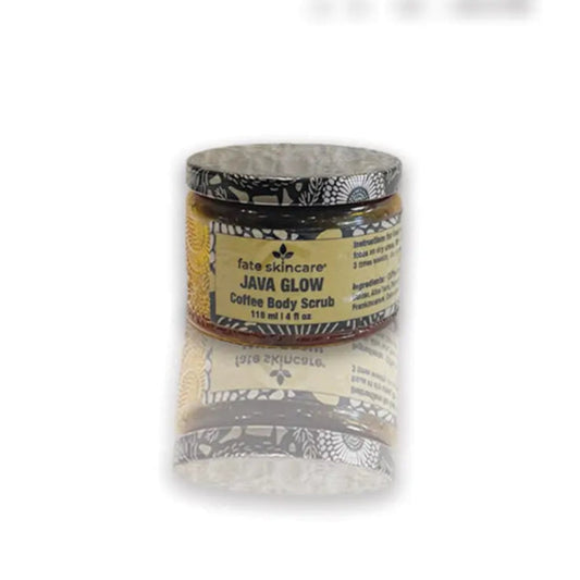 Java Glow Coffee Body Scrub™ jar by Fate Skincare, crafted with organic coffee grounds for exfoliation and radiant skin.