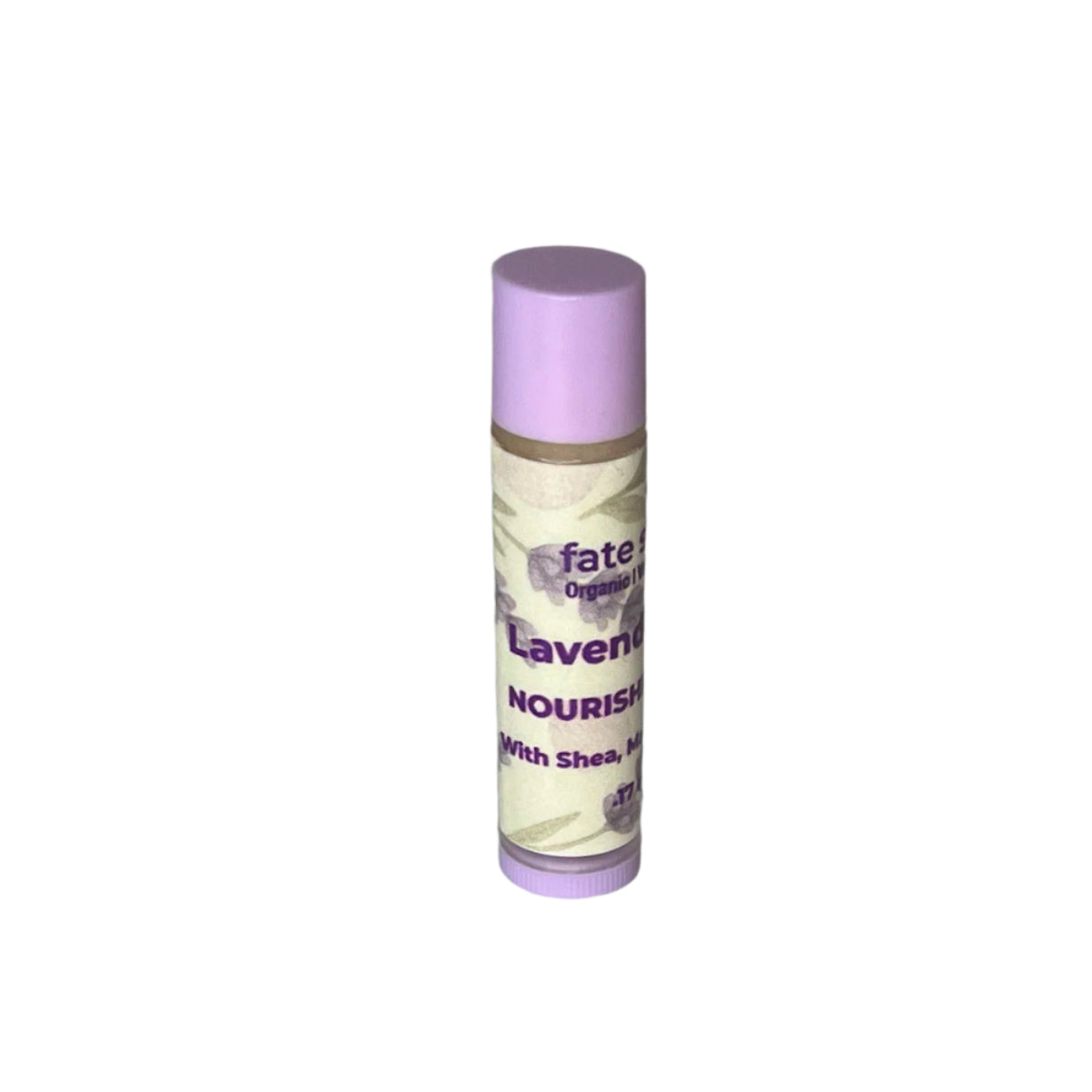 Fate Skincare Lavender Rescue Lip Balm in a clear 5.5 ml tube with light purple cap, labeled as organic, vegan, and cruelty-free.