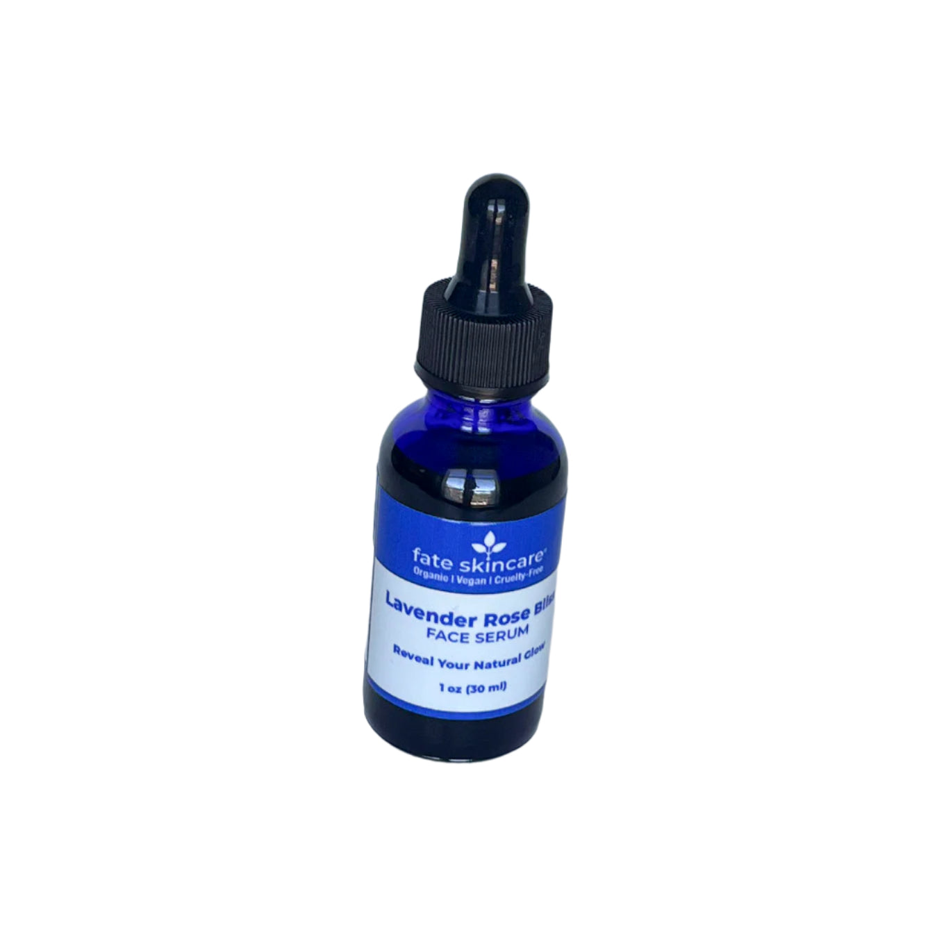 A 1 oz cobalt blue dropper bottle of Fate Skincare's Lavender Rose Bliss Face Serum, labeled with botanical ingredients and usage instructions, featuring the Comfrey Miracle Complex™ for sensitive skin.