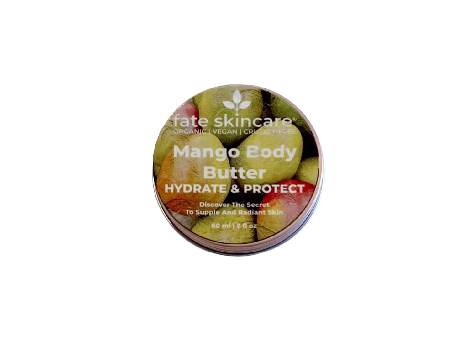A single tin of Fate Skincare Mango Body Butter viewed from above, centered on a white surface. The label reads “Hydrate & Protect” with colorful mango imagery and clear branding in soft lighting.