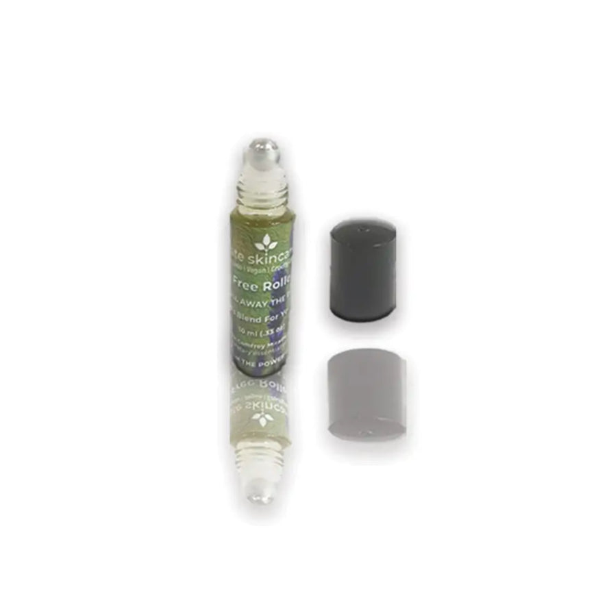Pain-Free Roller Ball™ by Fate Skincare with cap removed, showing stainless steel roller tip for targeted herbal pain relief.