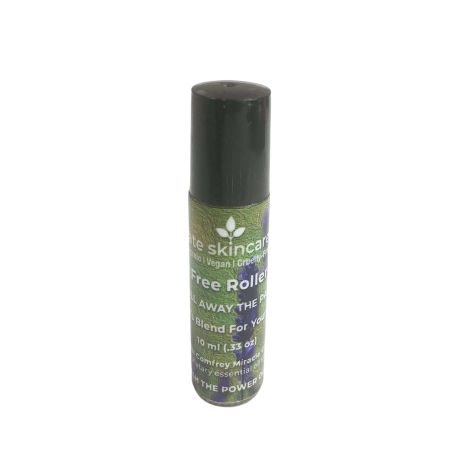 Fate Skincare Pain-Free Roller Ball standing upright with black cap secured, highlighting botanical green label and lavender artwork.