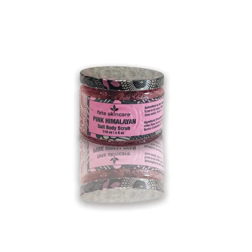 Pink Himalayan Salt Body Scrub™ by Fate Skincare in a clear jar with patterned lid, crafted for deep exfoliation, detox, and skin renewal.