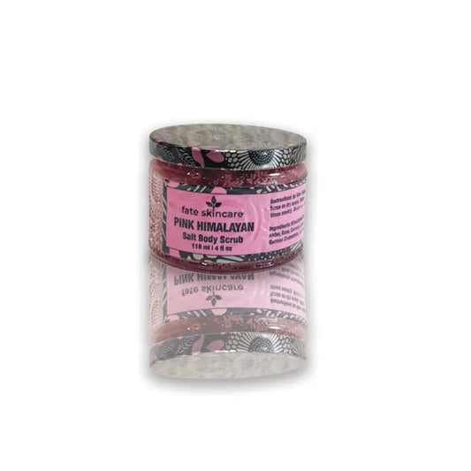 Pink Himalayan Salt Body Scrub™ by Fate Skincare in a clear jar with patterned lid, crafted for deep exfoliation, detox, and skin renewal.