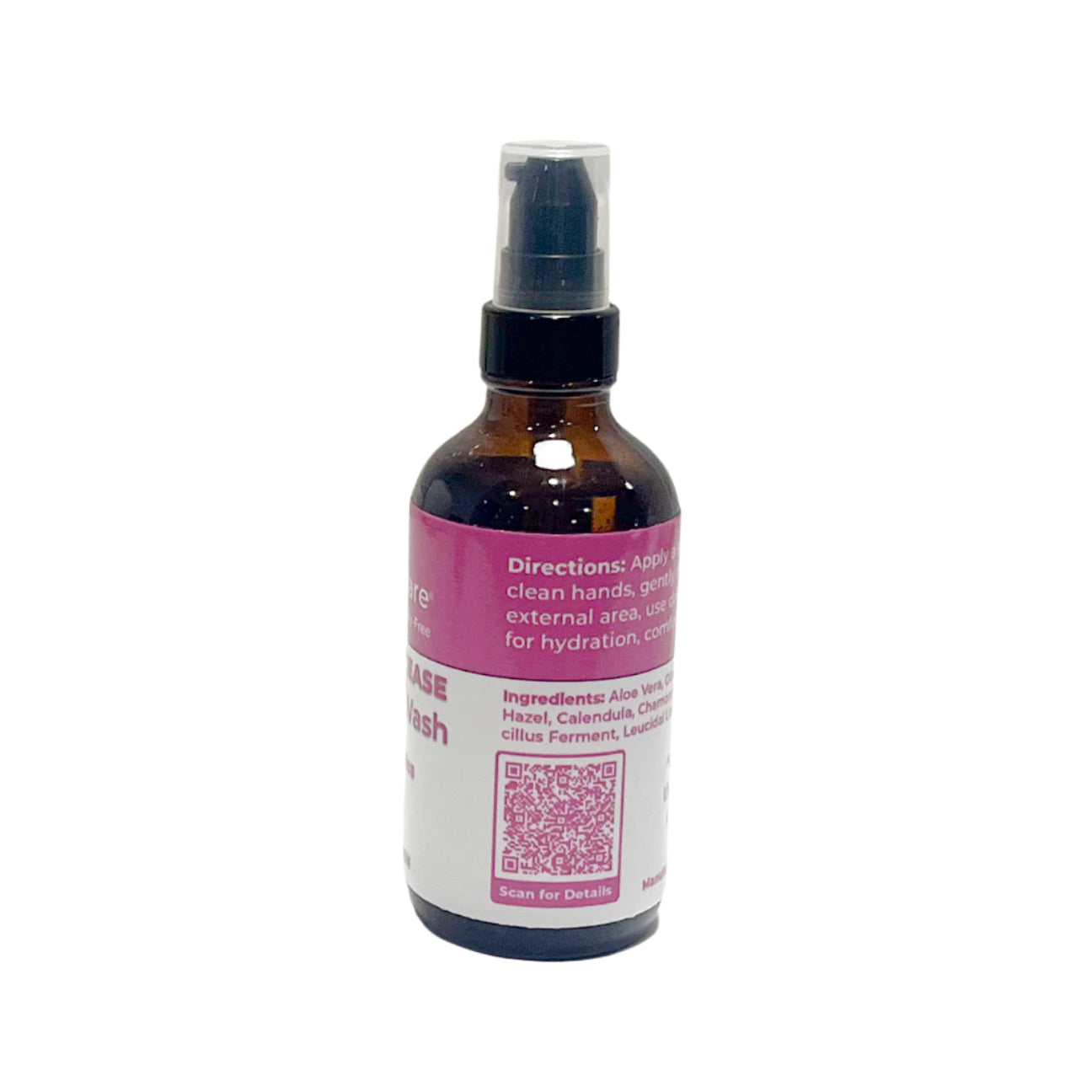 The back label of the same amber glass bottle, displaying directions for use, a list of ingredients including aloe vera, coconut, chamomile, and probiotics, and a QR code for more details.