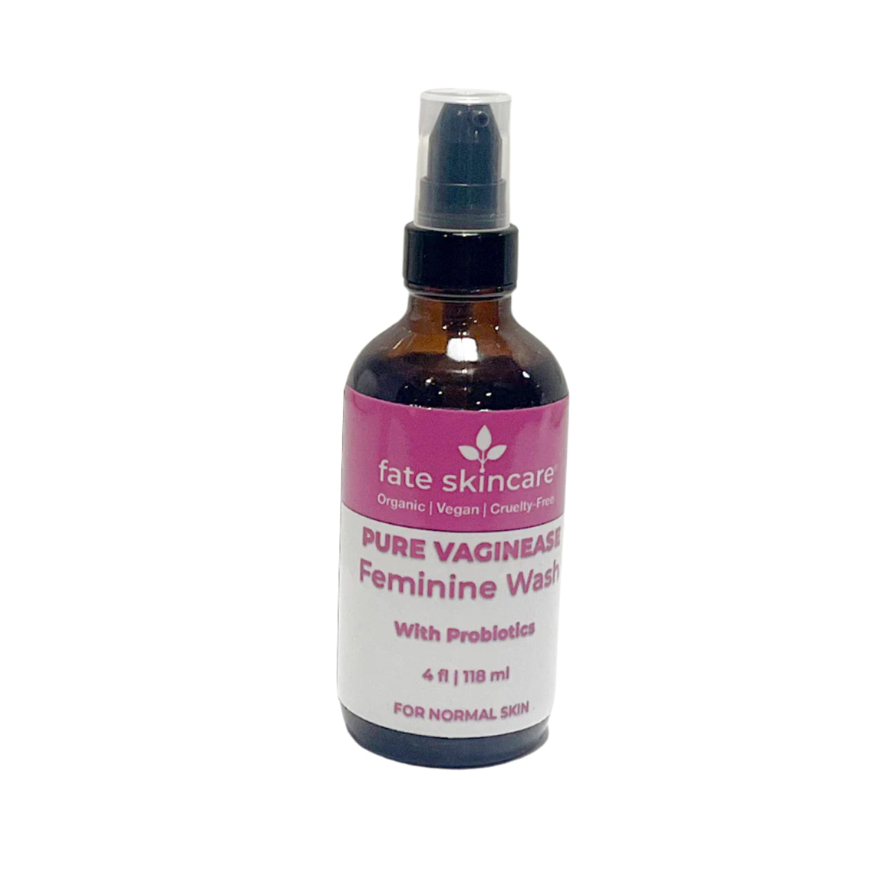 A 4 fl oz amber glass bottle with a black pump top. The label is pink and white, with "Fate Skincare" branding and "Pure Vaginease Feminine Wash with Probiotics" written in bold.