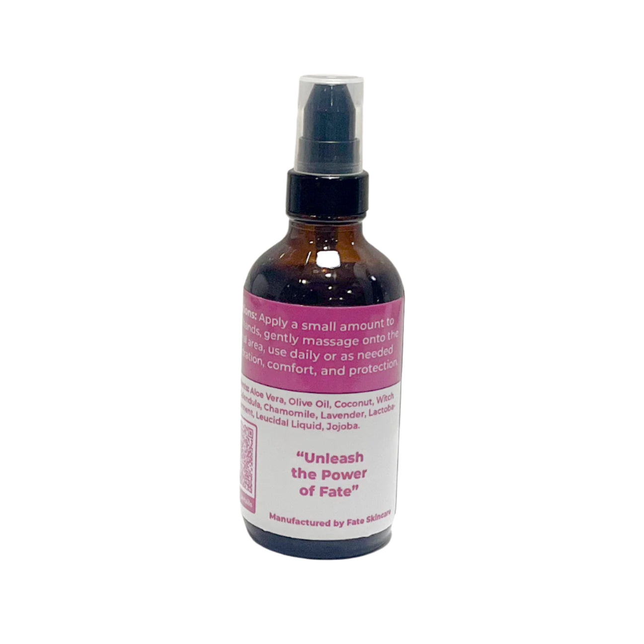 Another view of the back label, emphasizing the tagline "Unleash the Power of Fate" along with additional ingredients like olive oil, witch hazel, and Leucidal Liquid.