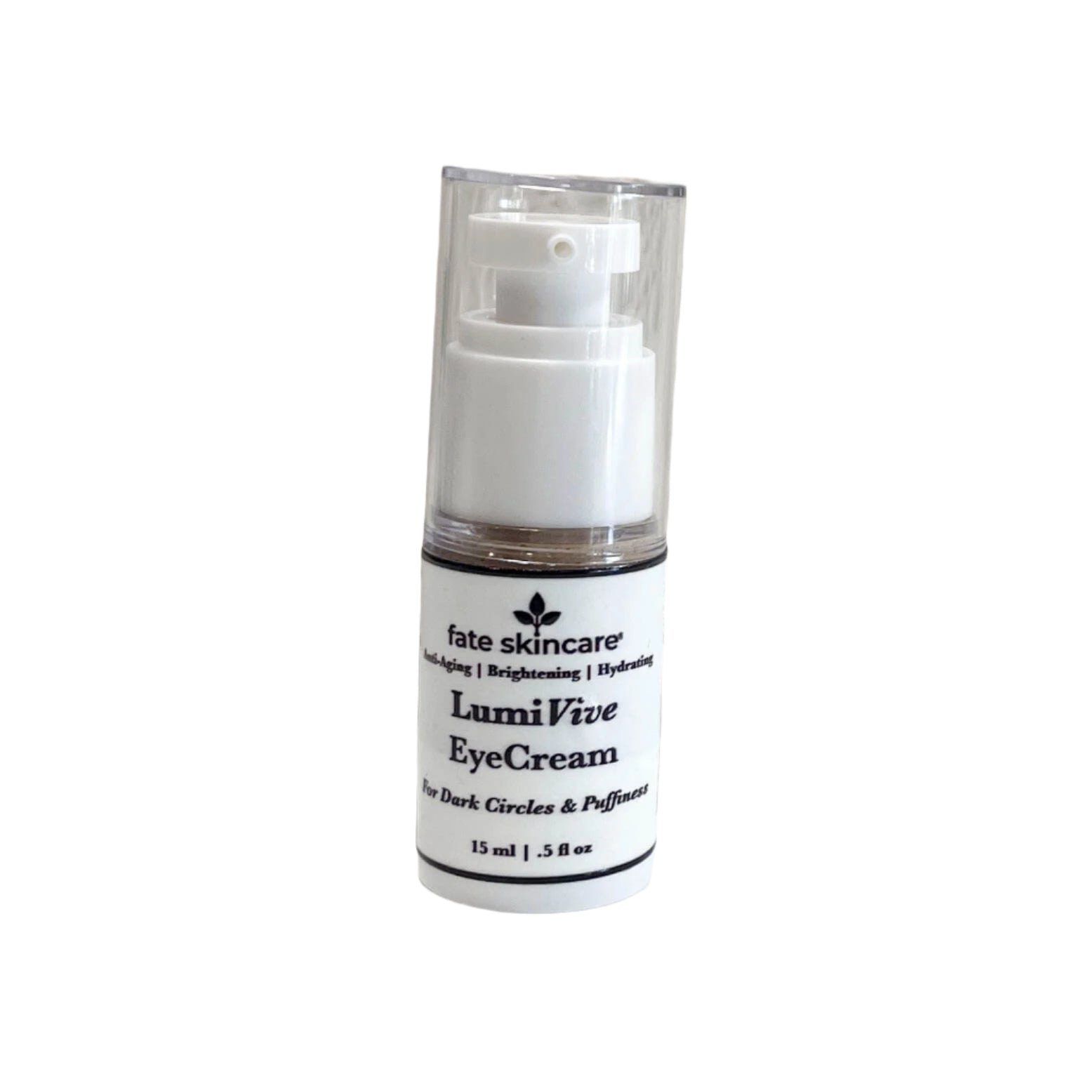A white airless pump bottle of "Fate Skincare LumiVive Eye Cream," labeled as anti-aging, brightening, and hydrating. The label indicates that it is formulated for dark circles and puffiness.