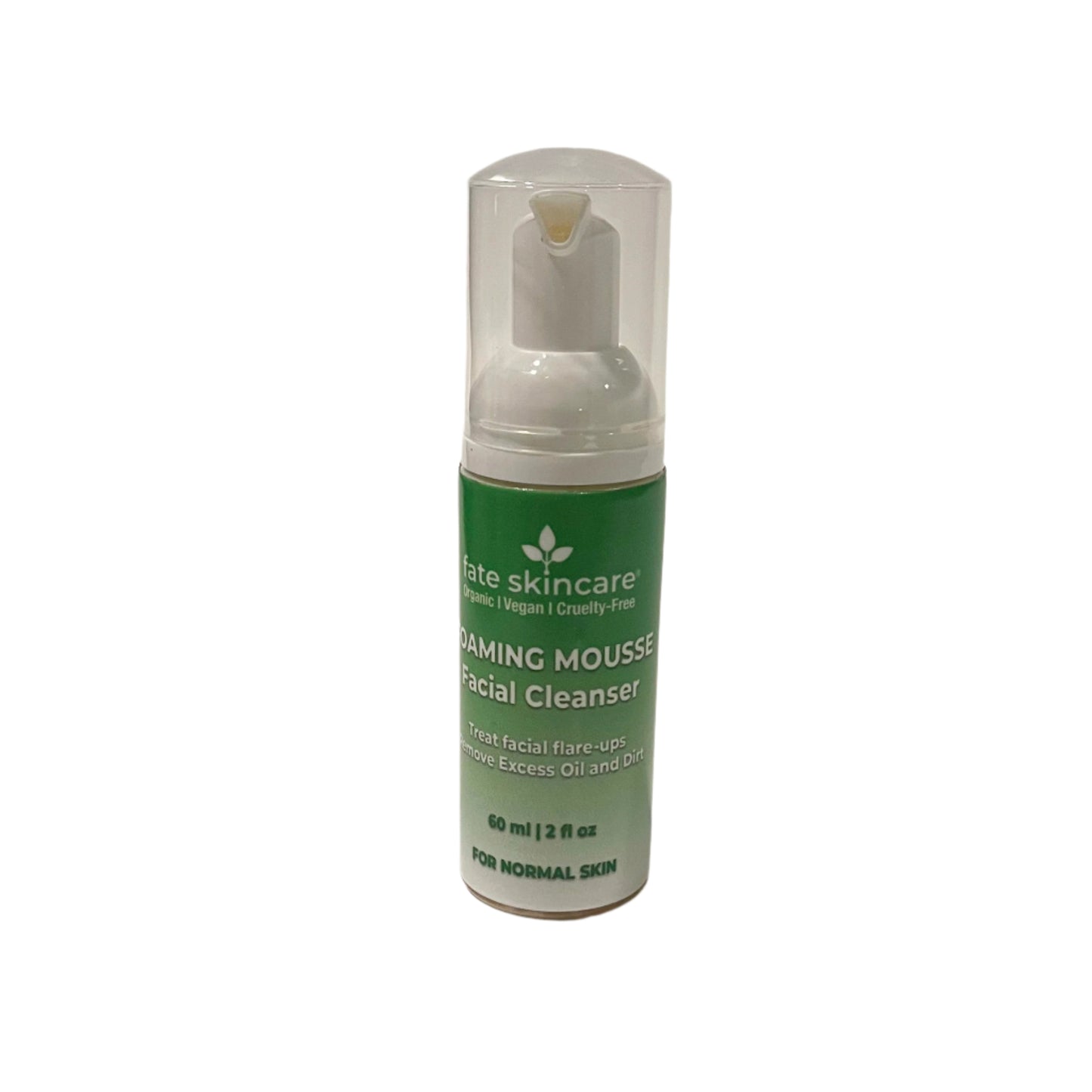 Fate Skincare Foaming Mousse Facial Cleanser in a 60 ml green bottle labeled for normal skin.
