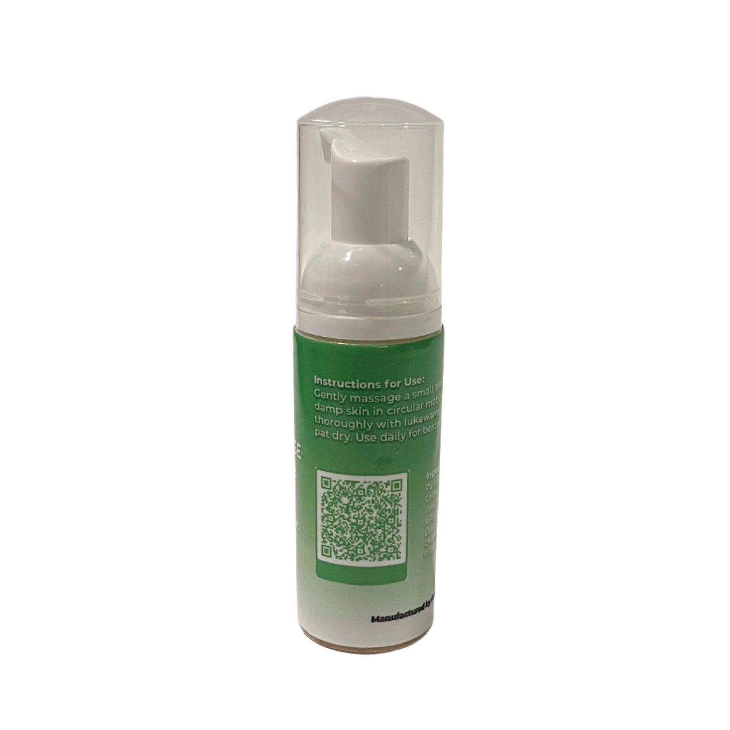 Back view of Foaming Mousse Facial Cleanser showing usage directions and a green QR code.