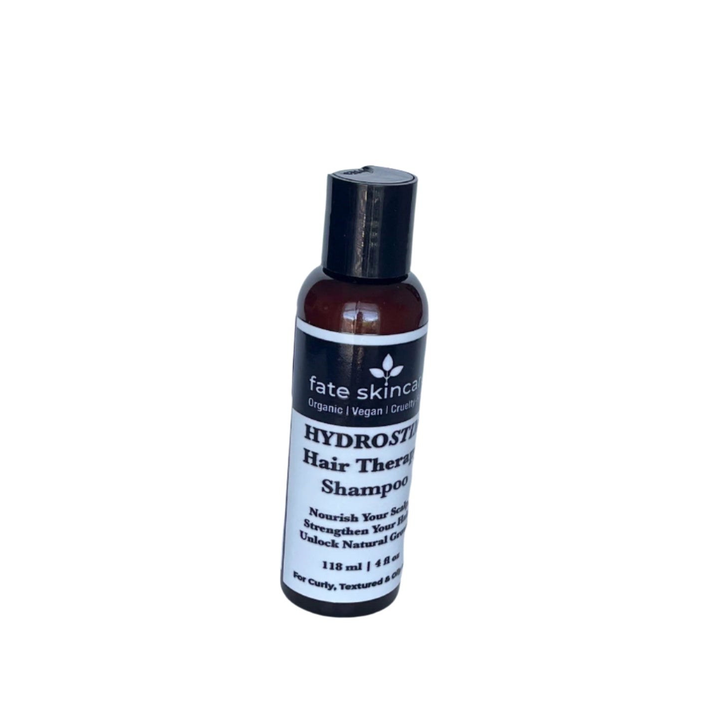 Front-facing view of Hydrostim Hair Therapy Shampoo in a 4 oz amber bottle with black flip cap, designed to nourish the scalp and support natural hair growth for curly, textured, and oily hair.