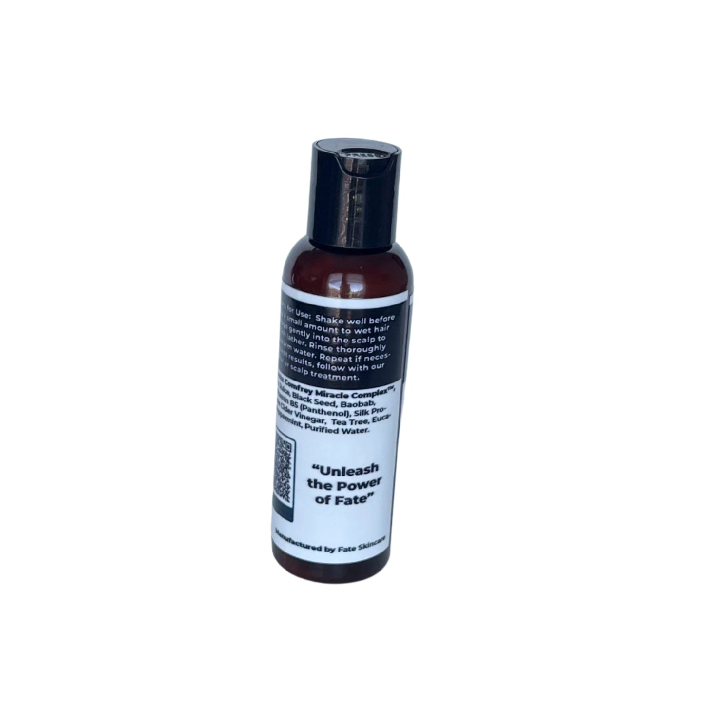 Back label view of Hydrostim Hair Therapy Shampoo highlighting key ingredients like the Comfrey Miracle Complex™, black seed, and baobab, with the brand tagline “Unleash the Power of Fate.”