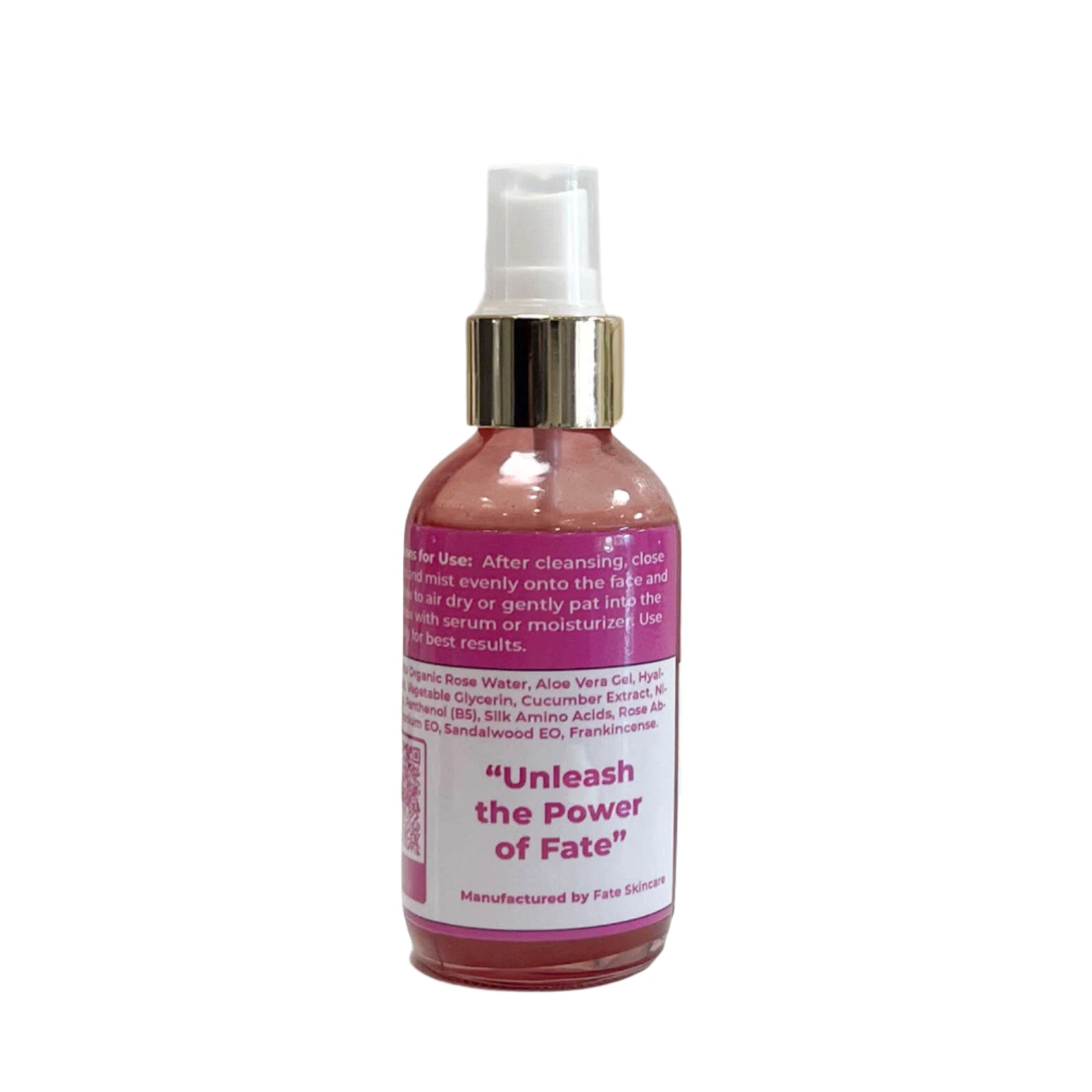 A side view of the "Rosewater Mist Infused with Aloe Vera" bottle, featuring the brand's tagline, "Unleash the Power of Fate," and confirming its manufacturing by Fate Skincare.