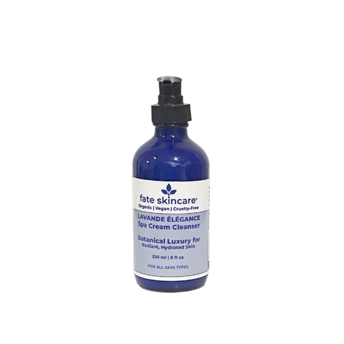 One bottle of Fate Skincare’s Lavande Élégance Spa Cream Cleanser, an organic, vegan facial cleanser in an 8 oz cobalt blue glass bottle with pump.