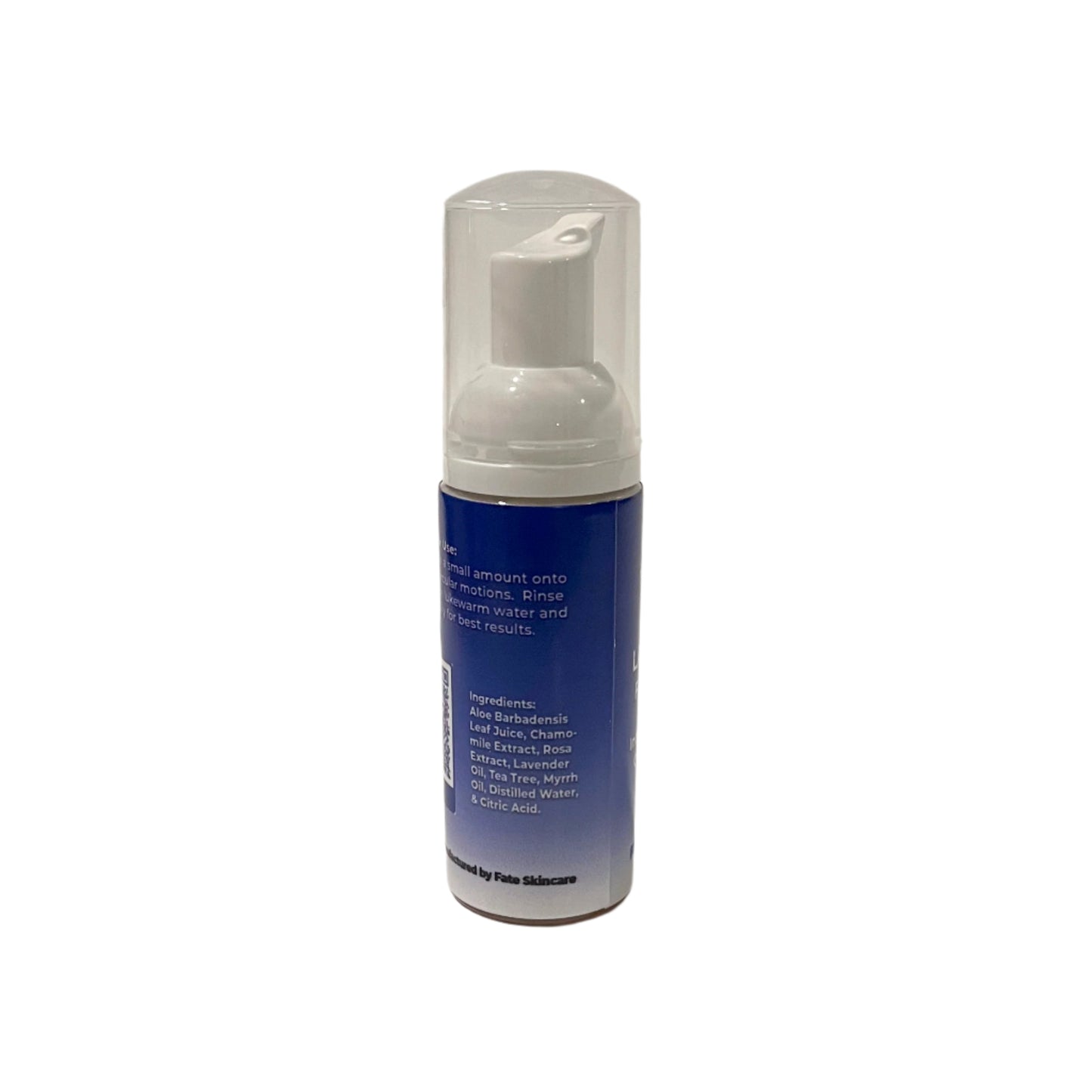 Side view of Lavander Luxe Foaming Spa Elixir featuring the ingredient list including aloe juice, chamomile, lavender, myrrh, and tea tree oil.