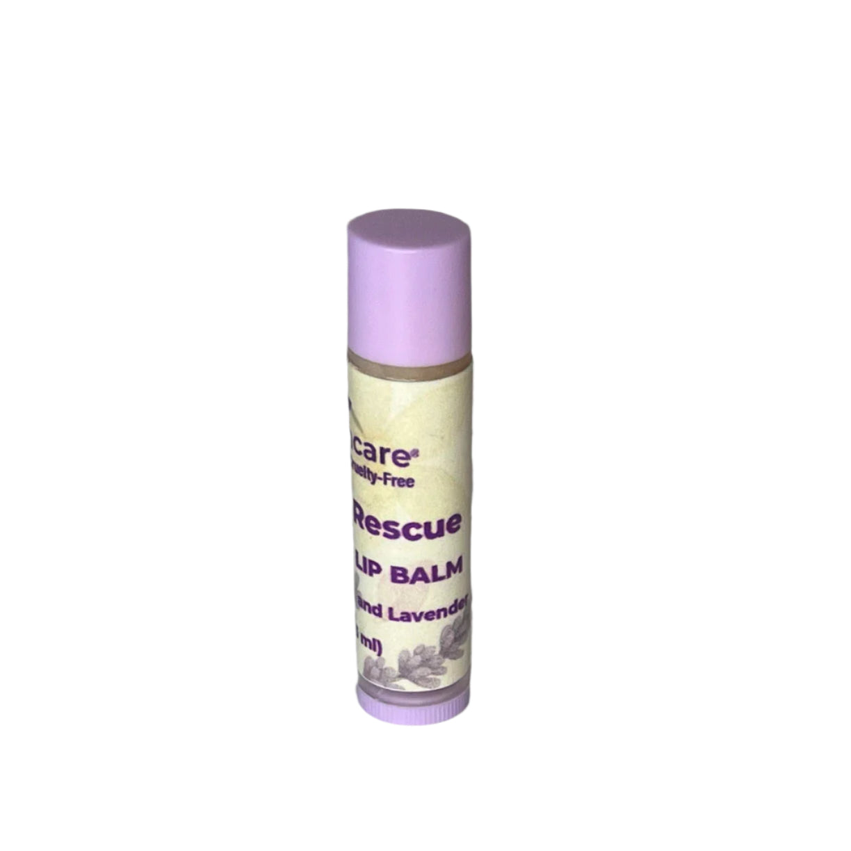 Close-up of Fate Skincare’s Lavender Nourishing Lip Balm in a 5.5 ml clear tube, showcasing purple text and natural floral design.