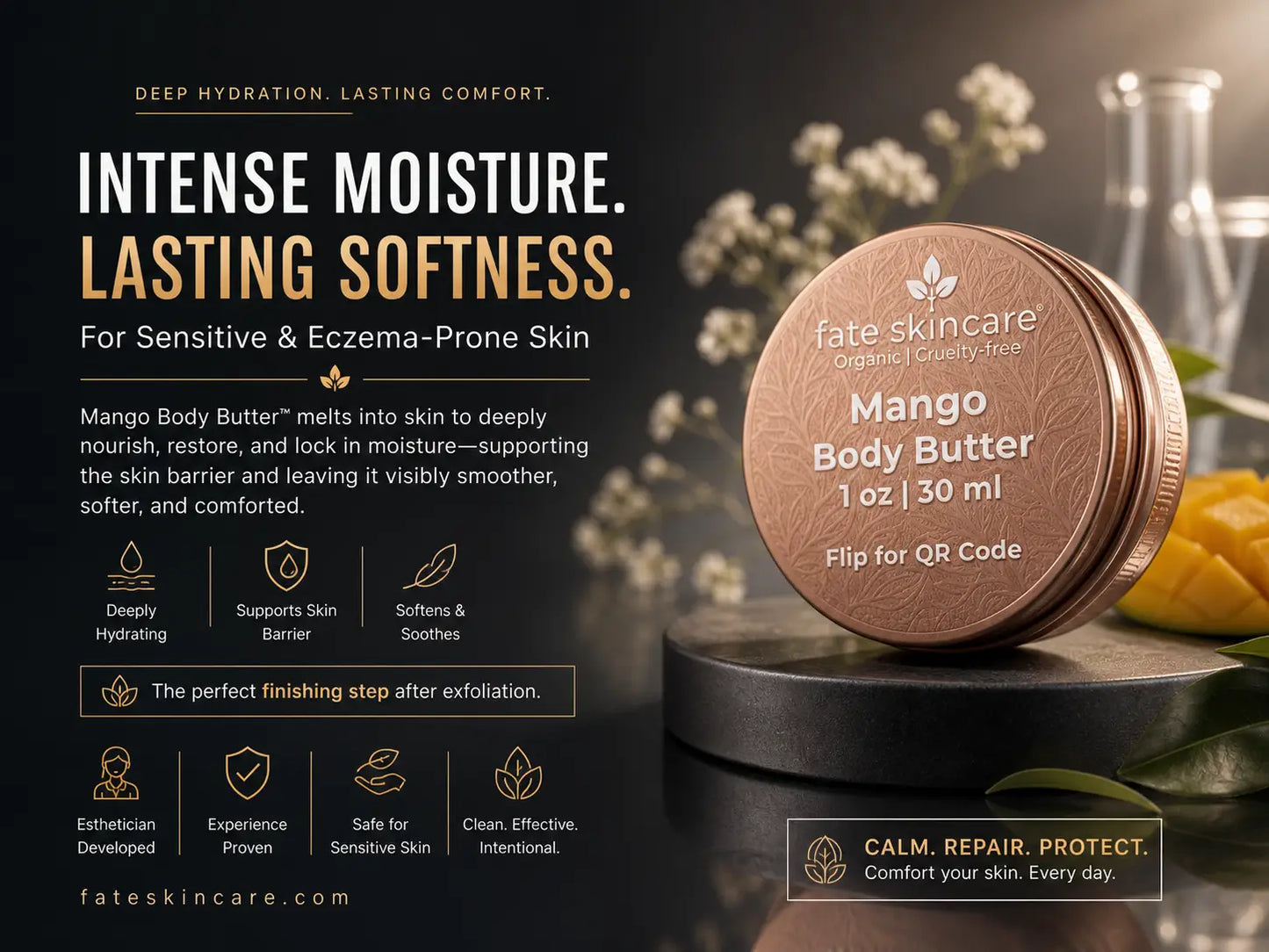 Rose gold tin of Mango Body Butter™ displayed on a dark, matte surface with soft lighting and subtle reflection, surrounded by minimal botanical elements, highlighting a premium clinical skincare product designed to deeply hydrate, soothe, and support sensitive skin.