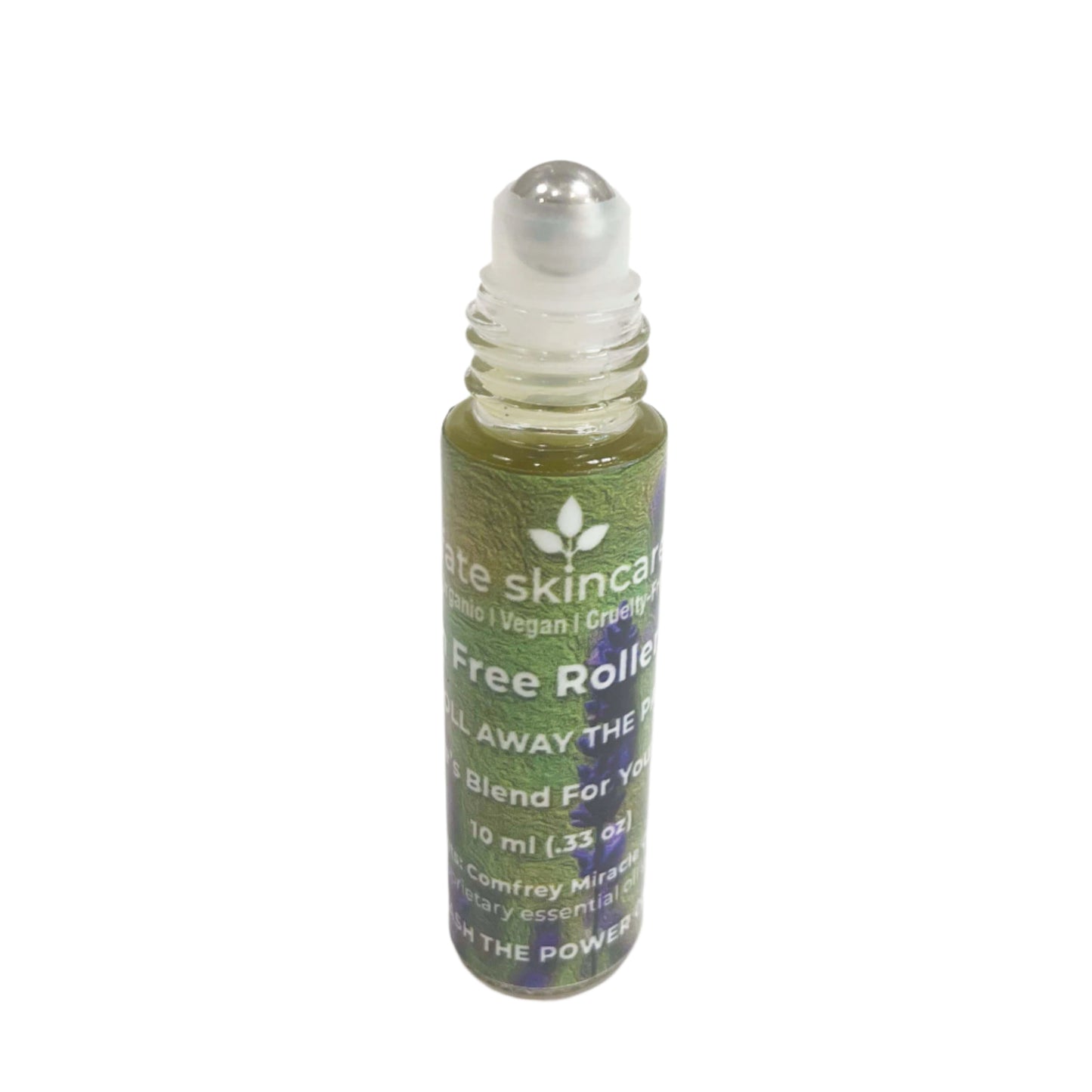 Front view of Fate Skincare Pain-Free Roller Ball with clear metal ball tip for direct muscle and joint application.
