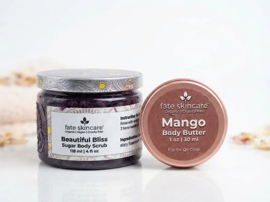 Fate Skincare™ Beautiful Bliss Sugar Body Scrub and Mango Body Butter™ paired for an exfoliate-then-moisturize skincare routine for soft, smooth-feeling skin.