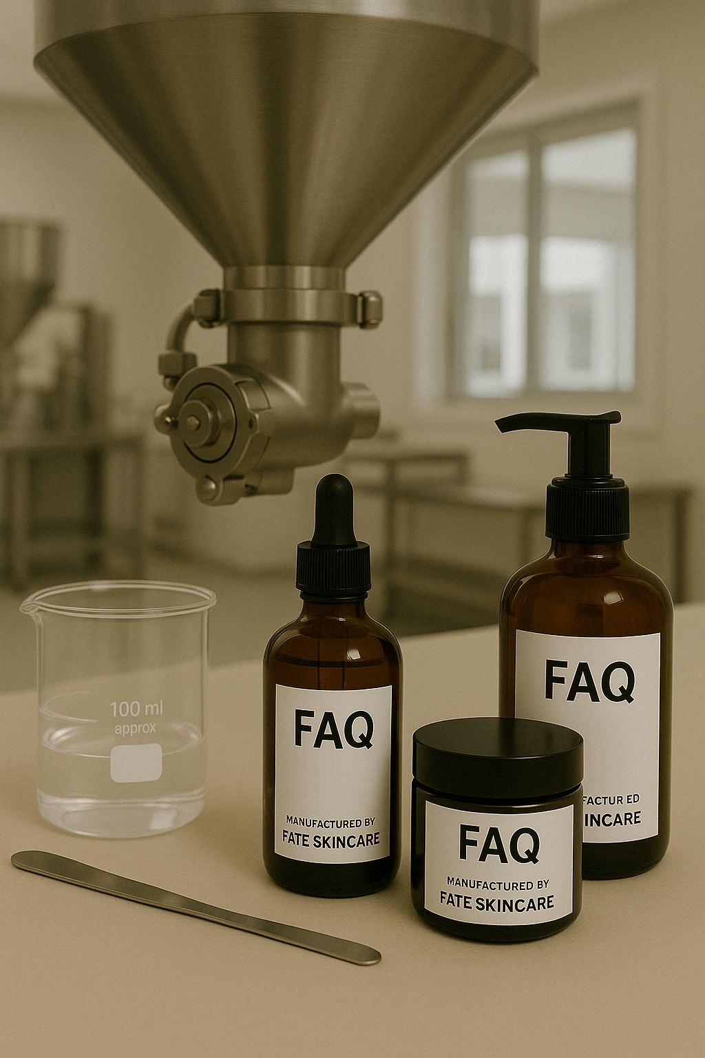 Skincare setup at Fate Skincare’s studio warehouse in Crowley, TX. Three amber glass containers labeled "FAQ – Manufactured by Fate Skincare" sit beside a beaker and spatula beneath a stainless steel filling machine.