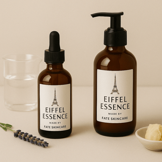 Two Eiffel Essence skincare products—an amber dropper bottle and a pump bottle—labeled “Made by Fate Skincare,” displayed with lavender, shea butter, and glassware on a neutral background.