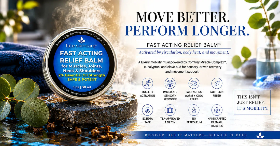 Fast Acting Relief Balm™ by Fate Skincare featuring Comfrey Miracle Complex™, a plant-powered botanical balm designed for muscles, joints, everyday movement, and sensitive skin.