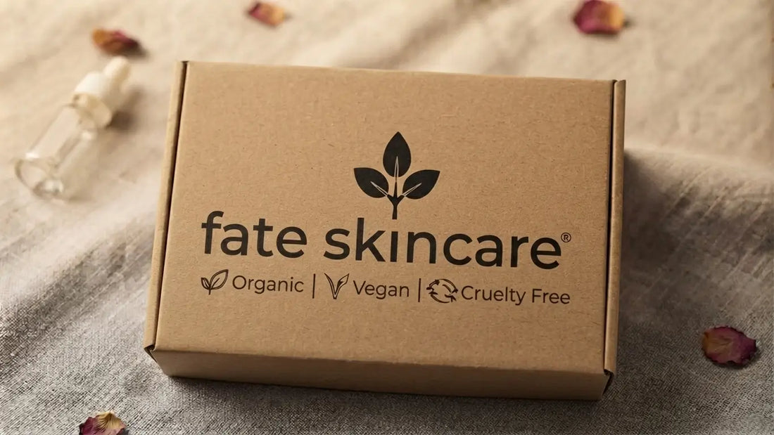 Fate Skincare™ branded kraft shipping box used to package and ship handcrafted skincare orders from McKinney, Texas.
