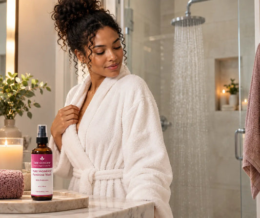 Woman preparing to shower with Fate Skincare PureVaginEase™ Feminine Wash on the bathroom counter for gentle external intimate cleansing.