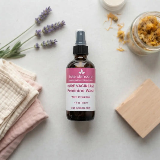 Fate Skincare PureVaginEase™ Feminine Wash with Probiotics, a gentle personal cleanser displayed with lavender and botanical ingredients.