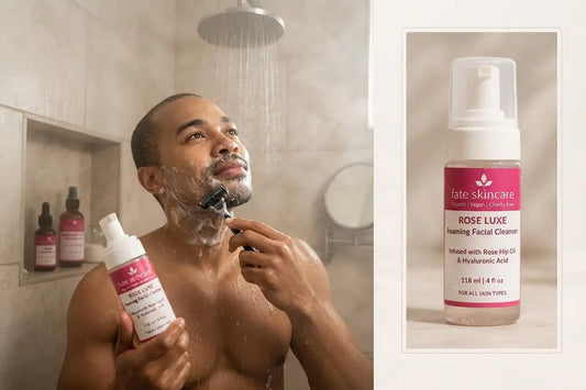 Man shaving with Fate Skincare Rose Luxe Foaming Facial Cleanser in the shower, showing the facial cleanser as a unisex option for cleansing and shaving.