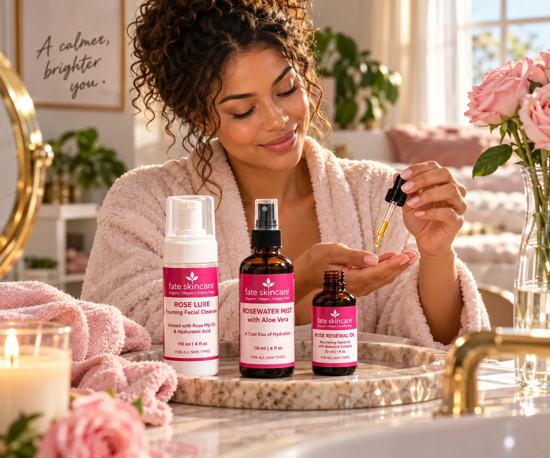 Woman at home applying Fate Skincare™ Rose Renewal Oil to her hand beside Rose Luxe Foaming Facial Cleanser and Rosewater Spritzer.