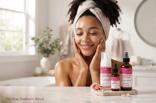 Fate Skincare Rose Radiance Ritual with Rose Luxe Foaming Facial Cleanser, Rose Renewal Oil, and Rosewater Mist for dry and sensitive skin.