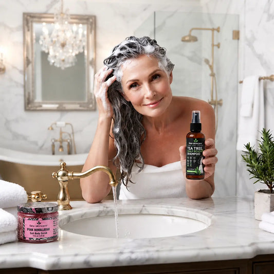 Woman washing her scalp with Fate Skincare™ Tea Tree Scalp Renewal Shampoo™ while Pink Himalayan Salt Body Scrub™ rests beside the sink, illustrating the transition from body exfoliation to targeted scalp care.