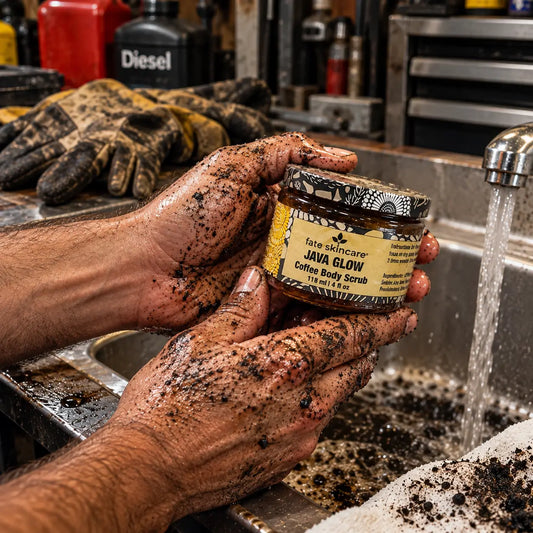 Fate Skincare™ Java Glow Coffee Scrub™ being used on hard-working hands at a workshop sink after a dirty day on the job.