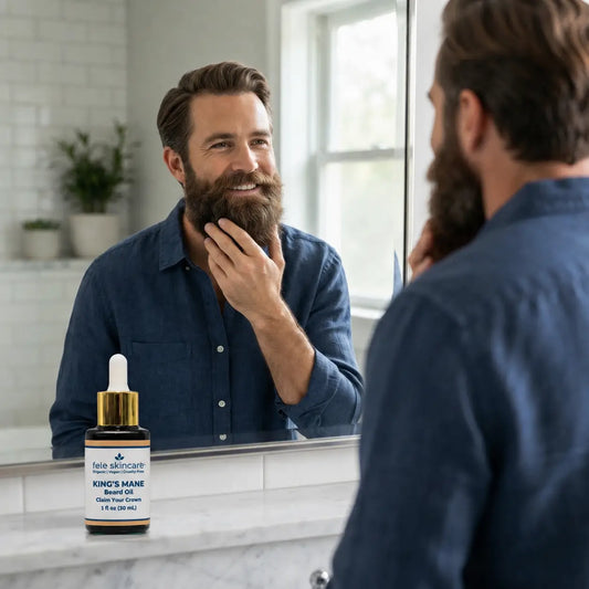 Man grooming his beard with Fate Skincare™ King’s Mane™ Beard Oil, designed to soften beard hair and care for dry, itchy, flaky skin beneath the beard.