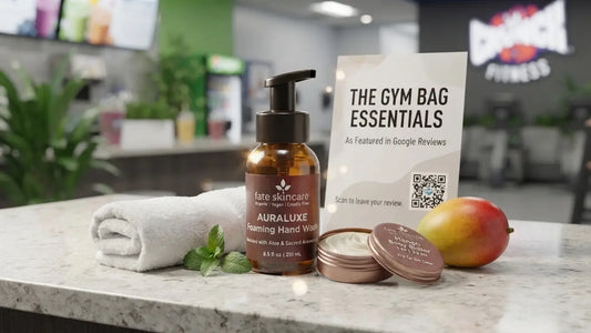 Fate Skincare™ AuraLuxe™ Foaming Hand Wash and Mango Body Butter™ displayed at a gym for a post-workout cleanse-and-moisturize hand care ritual.