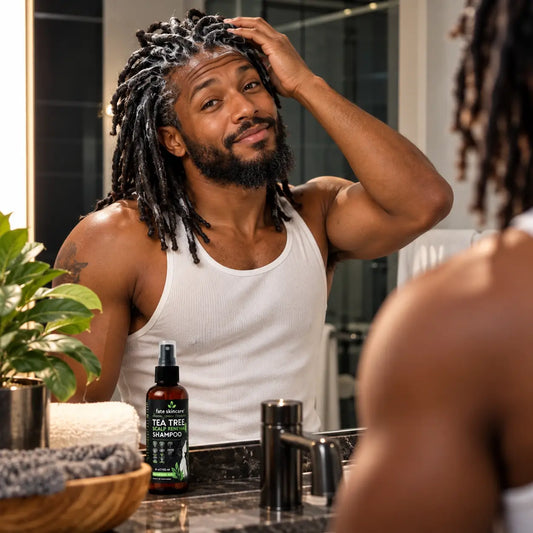 Man with locs massaging Tea Tree Scalp Renewal Shampoo™ into his scalp during his morning grooming ritual.