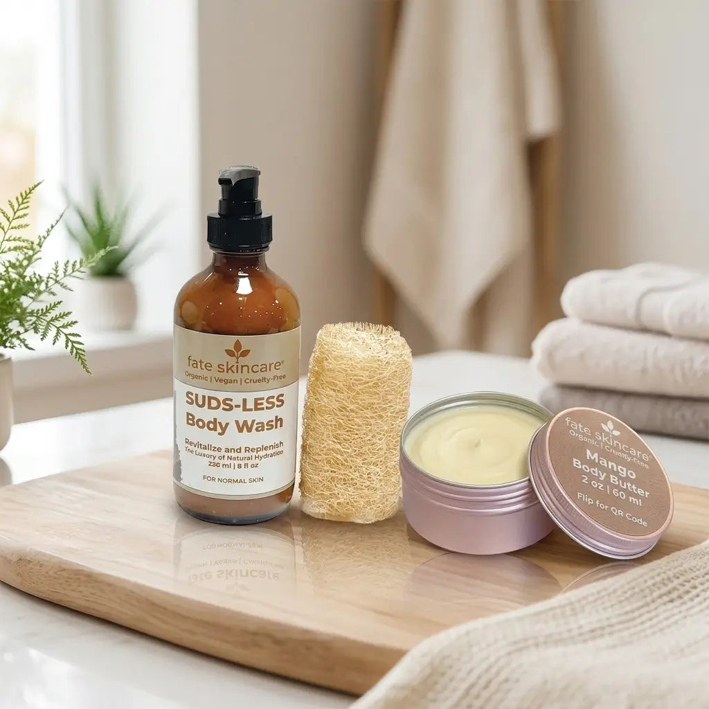 Fate Skincare™ Suds-less Body Wash™ and Mango Body Butter™ for a gentle cleansing and moisturizing routine for dry, sensitive and eczema-prone skin.